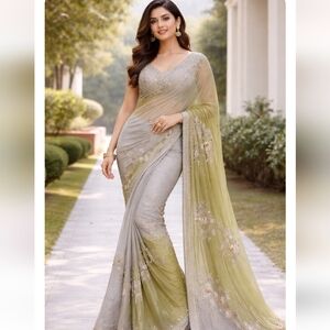 Gorgeous Green & Gray Embroidered Indian Saree - Great Condition